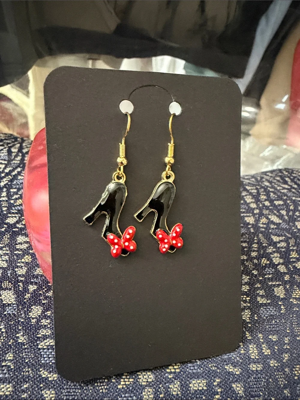 Women's Black High Heel Earrings with Red Bow Accents
